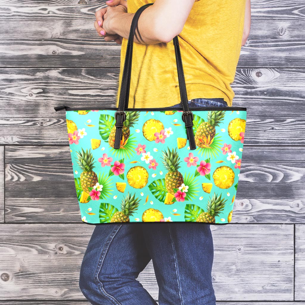 Blue Aloha Pineapple Pattern Print Leather Tote Bag