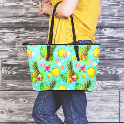 Blue Aloha Pineapple Pattern Print Leather Tote Bag