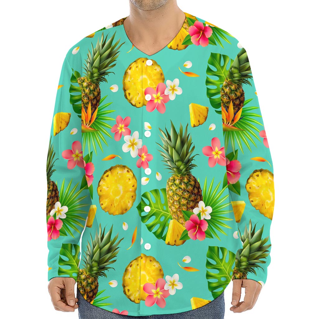 Blue Aloha Pineapple Pattern Print Long Sleeve Baseball Jersey