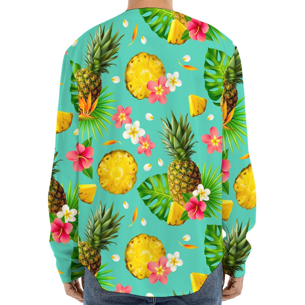 Blue Aloha Pineapple Pattern Print Long Sleeve Baseball Jersey