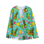 Blue Aloha Pineapple Pattern Print Long Sleeve Short Coat