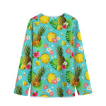 Blue Aloha Pineapple Pattern Print Long Sleeve Short Coat