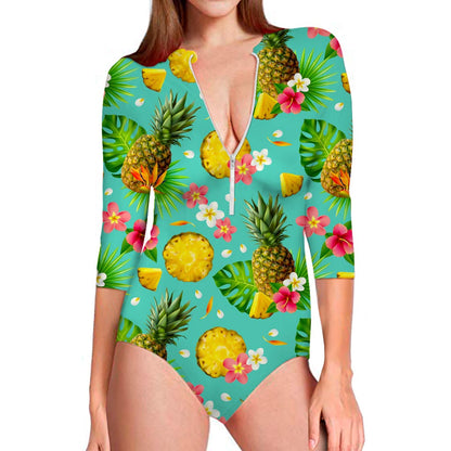 Blue Aloha Pineapple Pattern Print Long Sleeve Swimsuit
