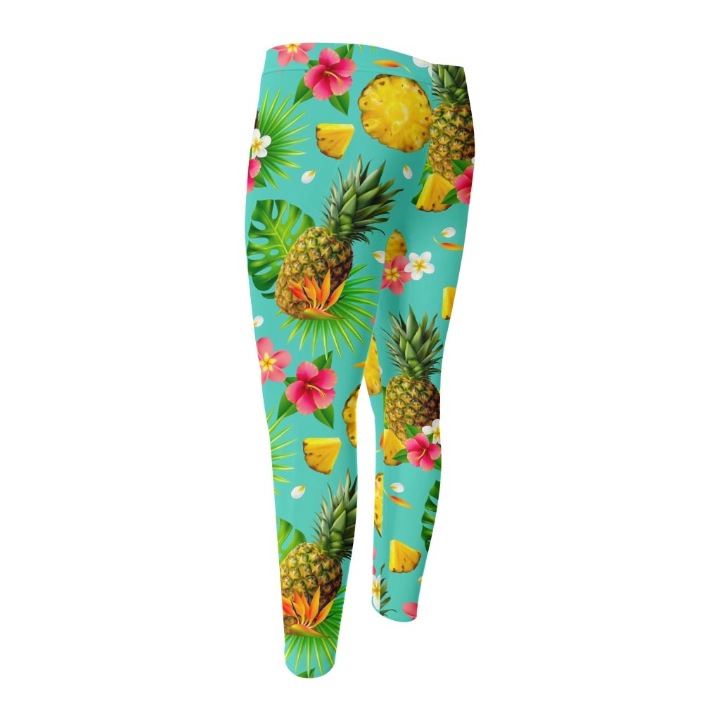 Blue Aloha Pineapple Pattern Print Men's Compression Pants