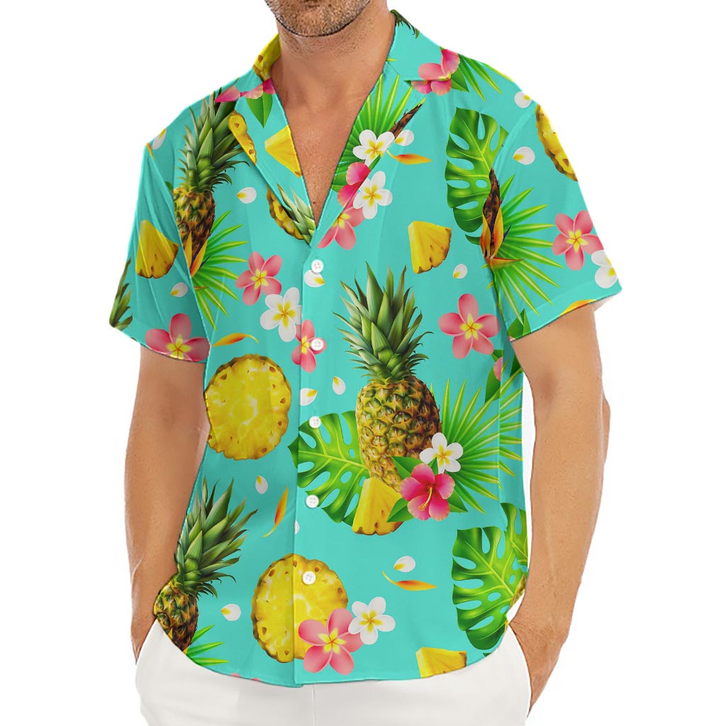 Blue Aloha Pineapple Pattern Print Men's Deep V-Neck Shirt