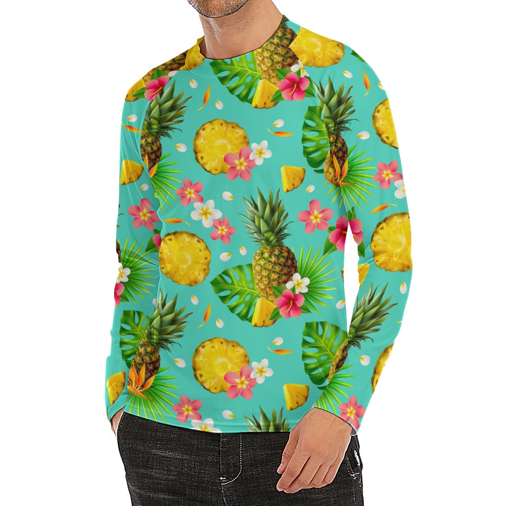Blue Aloha Pineapple Pattern Print Men's Long Sleeve Rash Guard