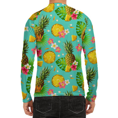 Blue Aloha Pineapple Pattern Print Men's Long Sleeve Rash Guard