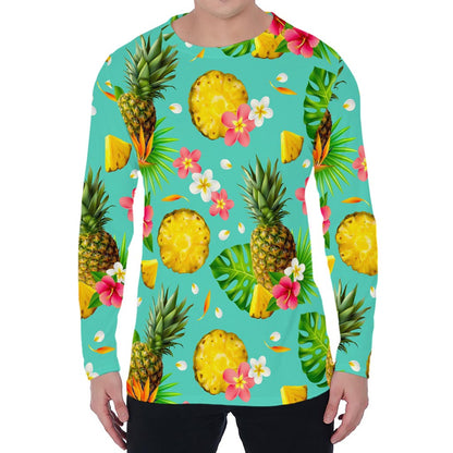Blue Aloha Pineapple Pattern Print Men's Long Sleeve T-Shirt