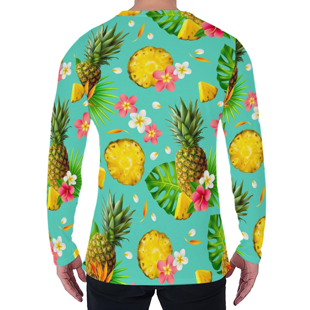 Blue Aloha Pineapple Pattern Print Men's Long Sleeve T-Shirt