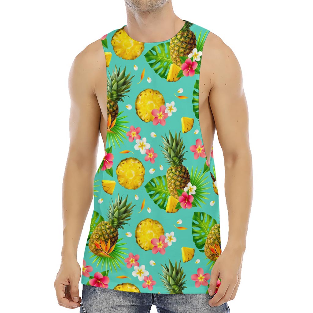 Blue Aloha Pineapple Pattern Print Men's Muscle Tank Top