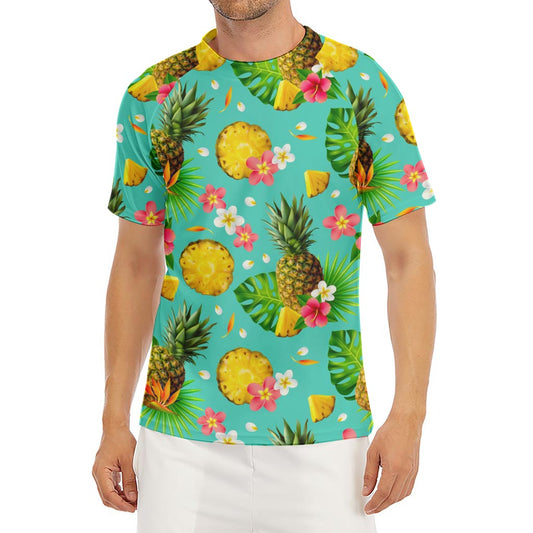 Blue Aloha Pineapple Pattern Print Men's Short Sleeve Rash Guard