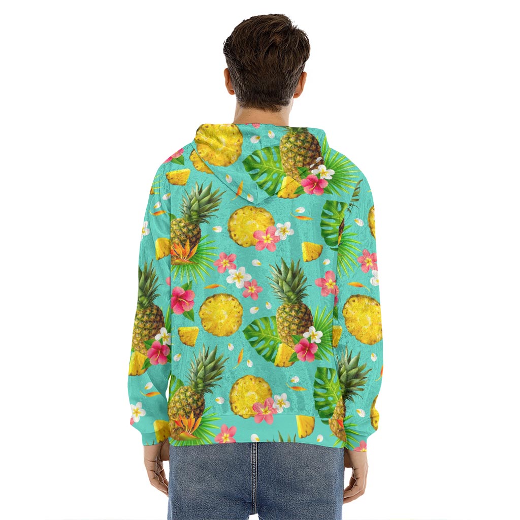 Blue Aloha Pineapple Pattern Print Men's Velvet Pullover Hoodie