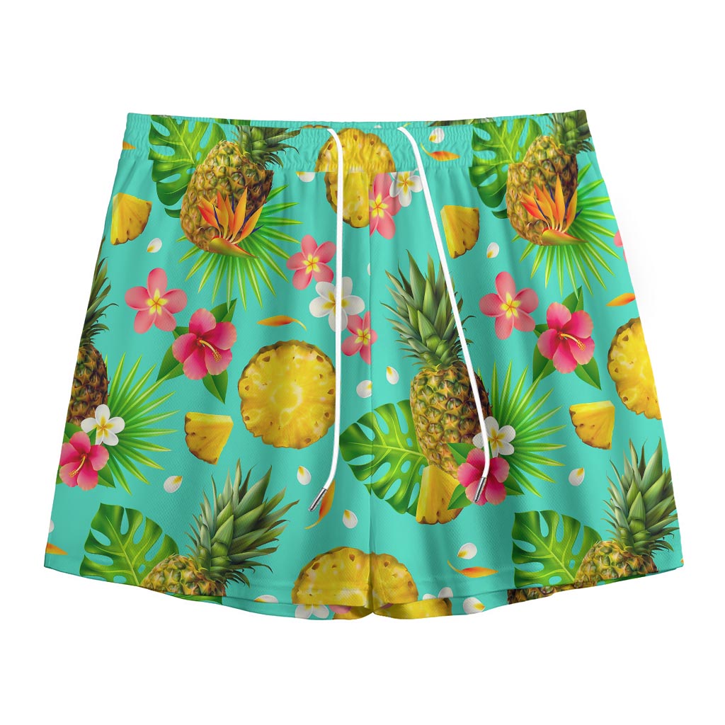 Blue Aloha Pineapple Pattern Print Mesh Shorts