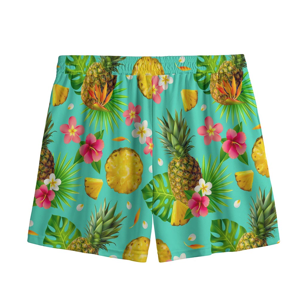 Blue Aloha Pineapple Pattern Print Mesh Shorts