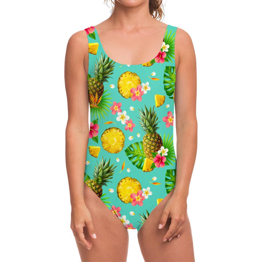 Blue Aloha Pineapple Pattern Print One Piece Swimsuit