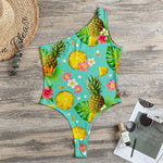 Blue Aloha Pineapple Pattern Print One Shoulder Bodysuit