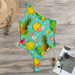 Blue Aloha Pineapple Pattern Print One Shoulder Bodysuit