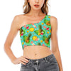 Blue Aloha Pineapple Pattern Print One Shoulder Crop Top