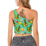 Blue Aloha Pineapple Pattern Print One Shoulder Crop Top