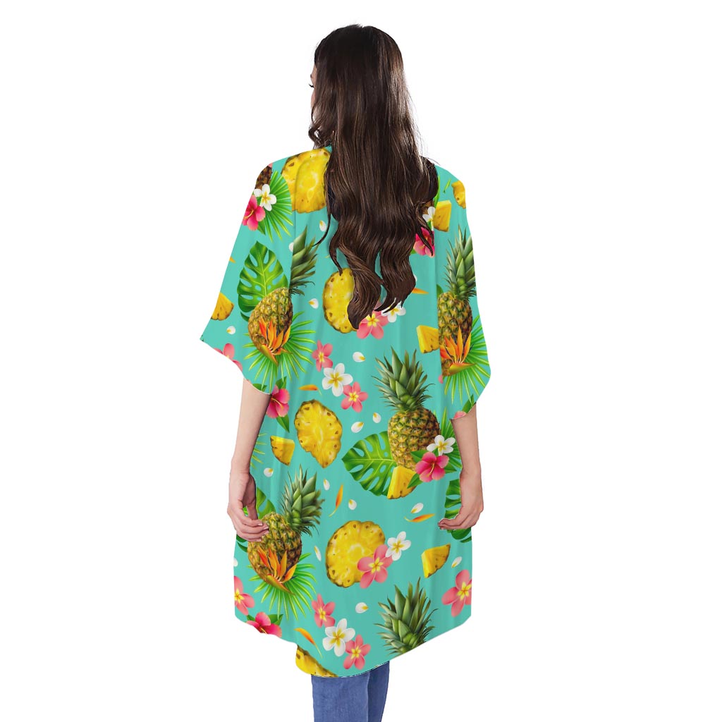 Blue Aloha Pineapple Pattern Print Open Front Beach Cover Up