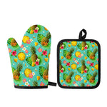 Blue Aloha Pineapple Pattern Print Oven Mitt And Pot Holder Set