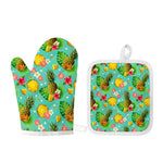 Blue Aloha Pineapple Pattern Print Oven Mitt And Pot Holder Set
