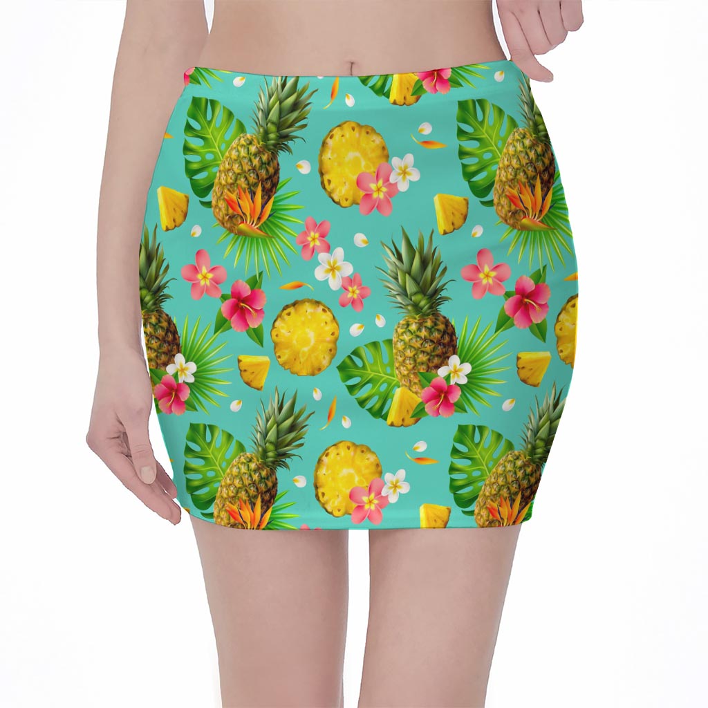 Blue Aloha Pineapple Pattern Print Pencil Mini Skirt