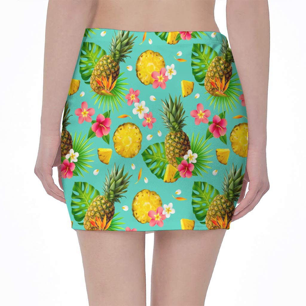 Blue Aloha Pineapple Pattern Print Pencil Mini Skirt