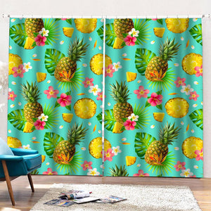 Blue Aloha Pineapple Pattern Print Pencil Pleat Curtains