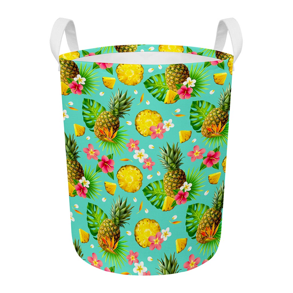 Blue Aloha Pineapple Pattern Print Round Laundry Basket