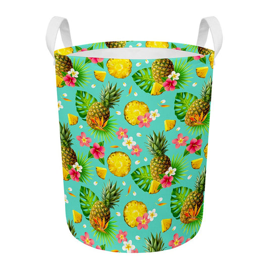 Blue Aloha Pineapple Pattern Print Round Laundry Basket