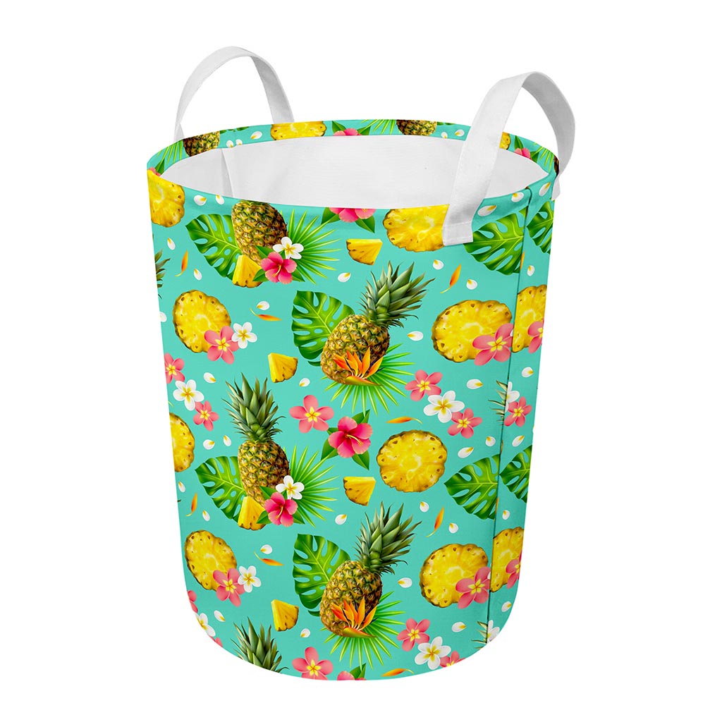 Blue Aloha Pineapple Pattern Print Round Laundry Basket