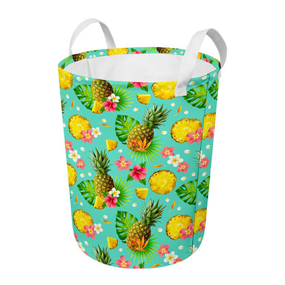 Blue Aloha Pineapple Pattern Print Round Laundry Basket