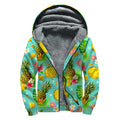 Blue Aloha Pineapple Pattern Print Sherpa Lined Zip Up Hoodie