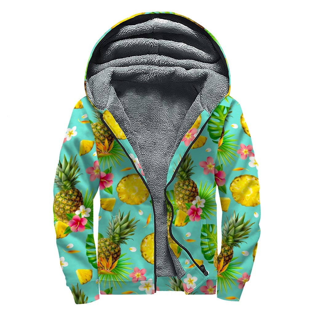 Blue Aloha Pineapple Pattern Print Sherpa Lined Zip Up Hoodie