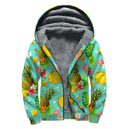 Blue Aloha Pineapple Pattern Print Sherpa Lined Zip Up Hoodie