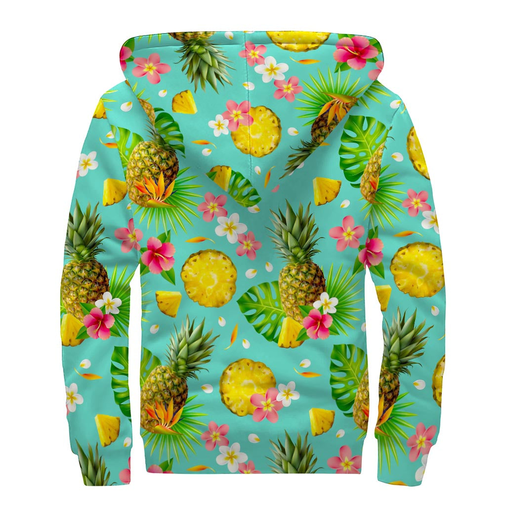 Blue Aloha Pineapple Pattern Print Sherpa Lined Zip Up Hoodie