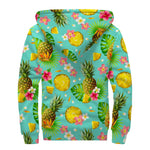 Blue Aloha Pineapple Pattern Print Sherpa Lined Zip Up Hoodie