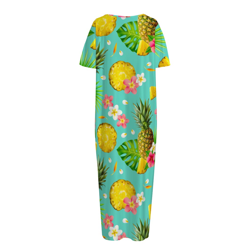 Blue Aloha Pineapple Pattern Print Short Sleeve Long Nightdress