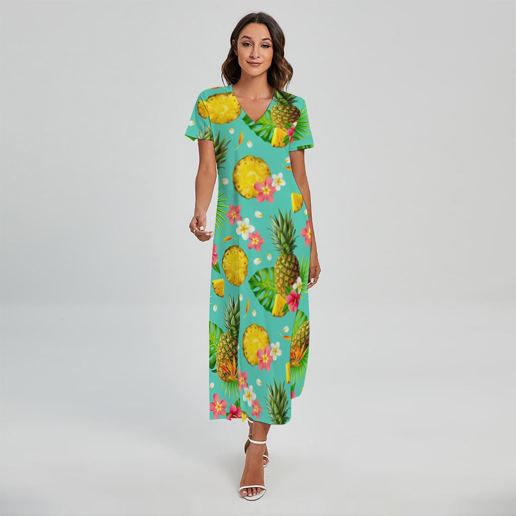 Blue Aloha Pineapple Pattern Print Short Sleeve Maxi Dress