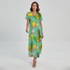 Blue Aloha Pineapple Pattern Print Short Sleeve Maxi Dress