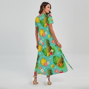 Blue Aloha Pineapple Pattern Print Short Sleeve Maxi Dress