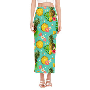 Blue Aloha Pineapple Pattern Print Side Slit Maxi Skirt