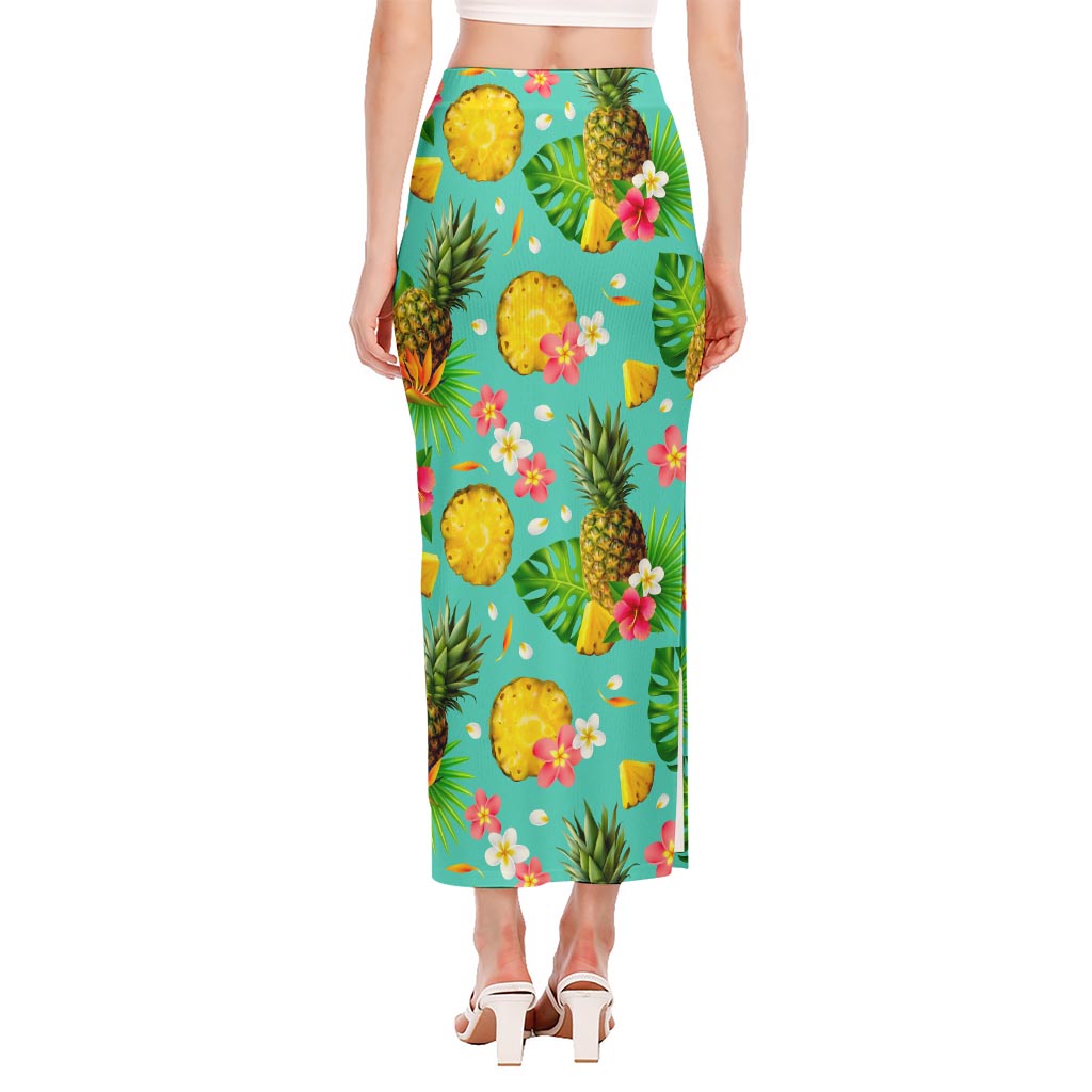 Blue Aloha Pineapple Pattern Print Side Slit Maxi Skirt