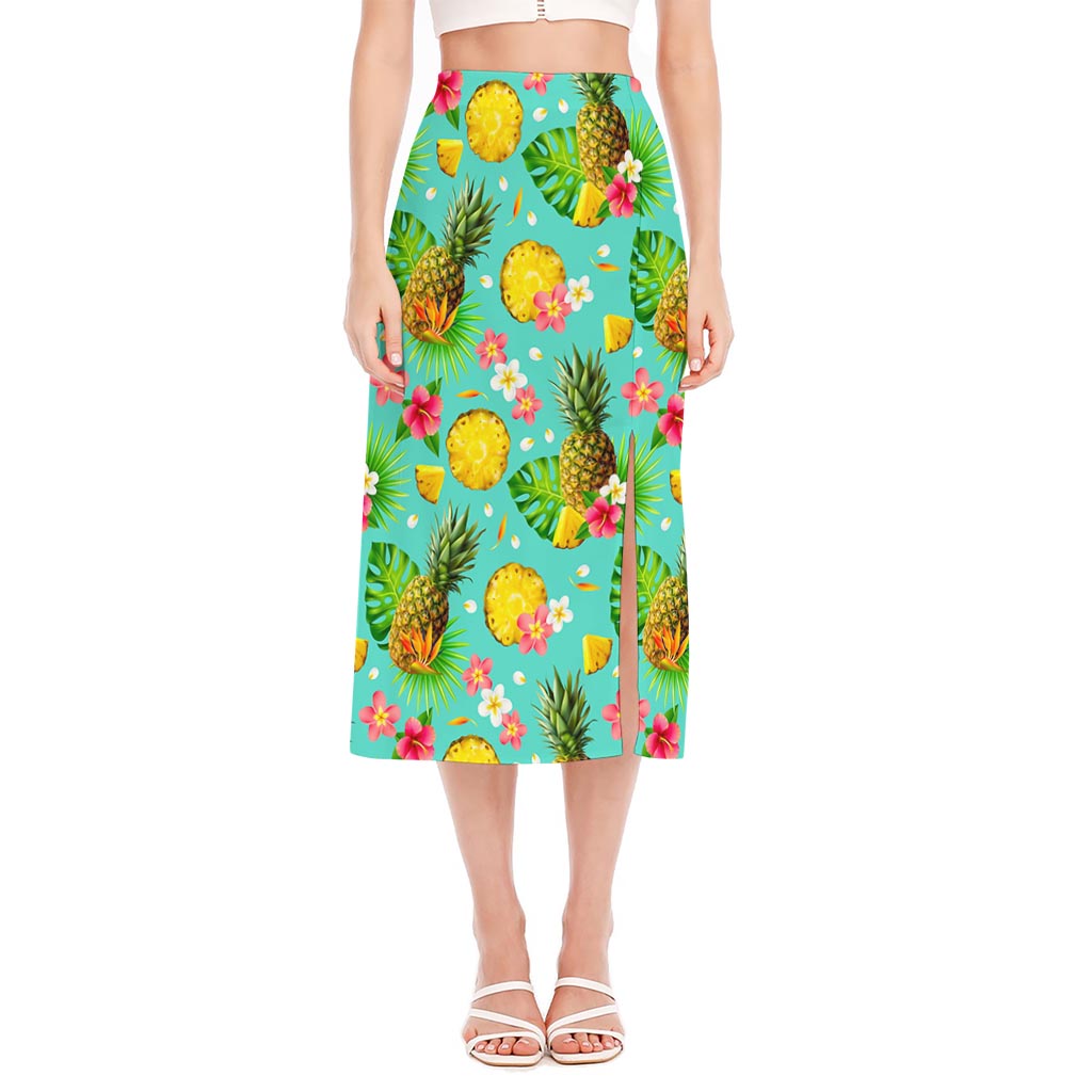 Blue Aloha Pineapple Pattern Print Side Slit Midi Skirt