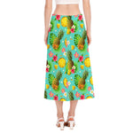 Blue Aloha Pineapple Pattern Print Side Slit Midi Skirt