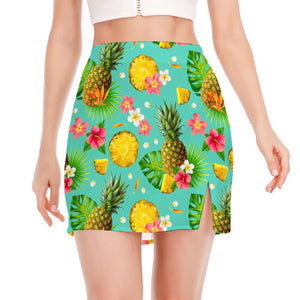 Blue Aloha Pineapple Pattern Print Side Slit Mini Skirt