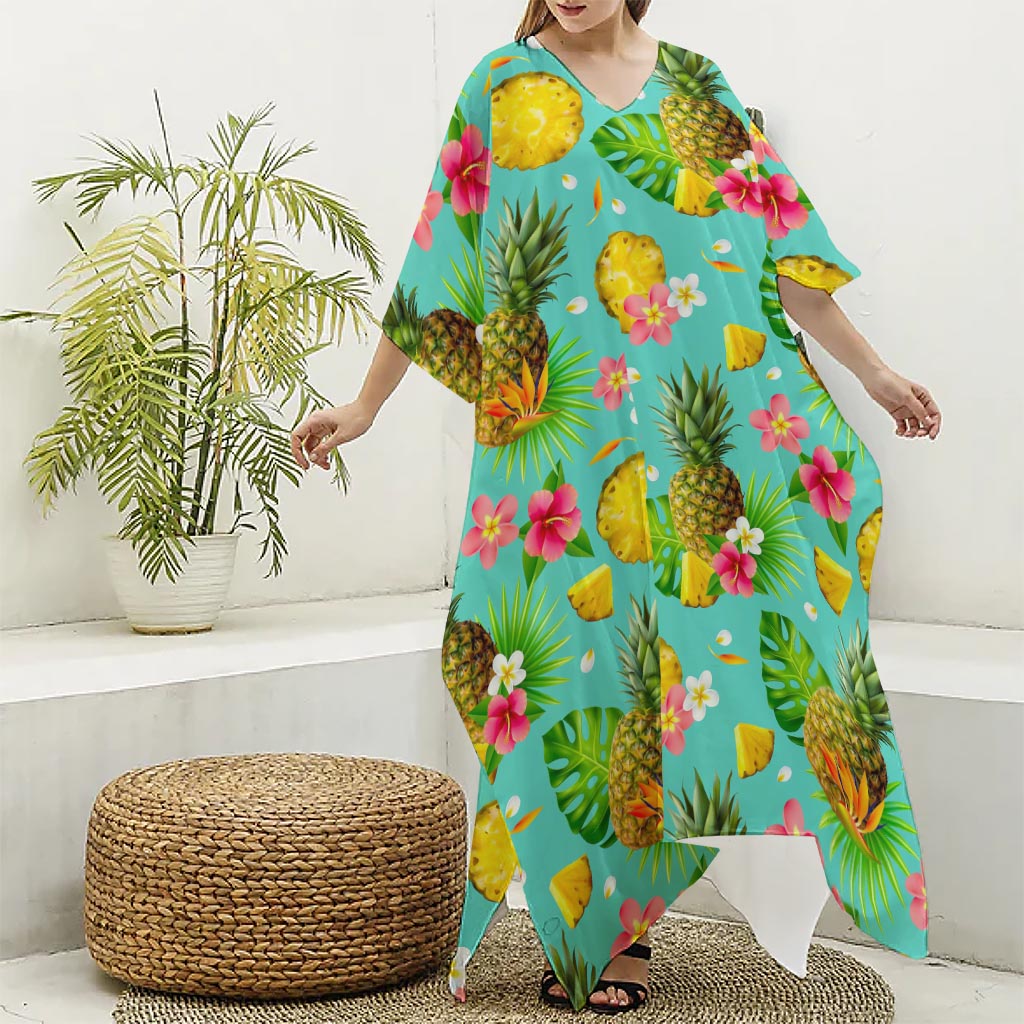 Blue Aloha Pineapple Pattern Print Silk V-Neck Kaftan Dress