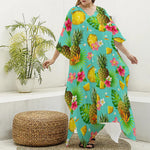 Blue Aloha Pineapple Pattern Print Silk V-Neck Kaftan Dress