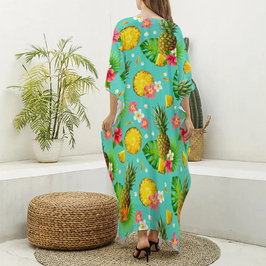 Blue Aloha Pineapple Pattern Print Silk V-Neck Kaftan Dress